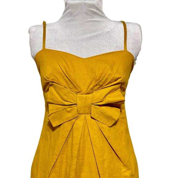 Women’s 100% Linen Bow Front Sundress Small/Medium Mustard Color Spaghetti Strap - Picture 2 of 9